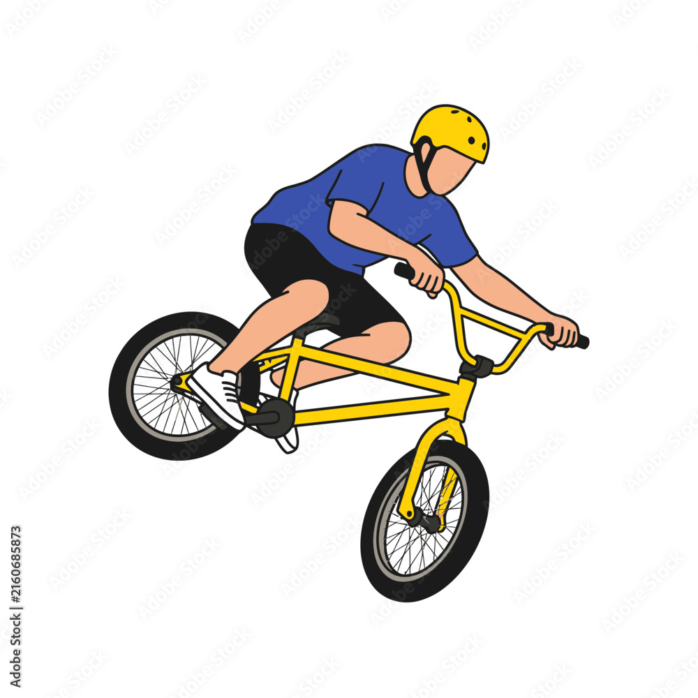 Fototapeta premium Young man wearing a yellow helmet riding a yellow BMX bicycle performing a trick, vector illustration isolated on white