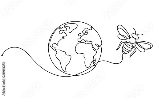 Continuous single line drawing of a honey bee flying around planet earth globe Vector, illustration
