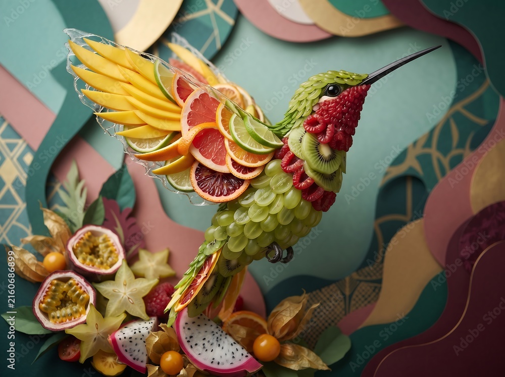 Naklejka premium Flying fruit hummingbird over abstract layered paper cut background