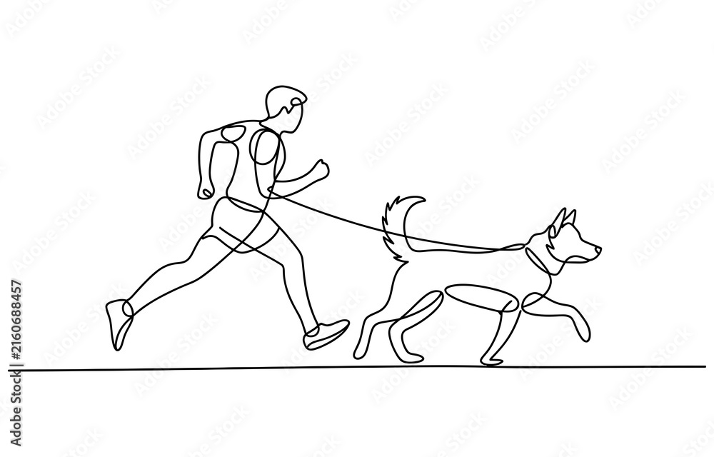 Fototapeta premium Continuous single line drawing of a man running with his dog on a leash Vector, illustration