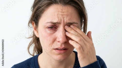 Woman with red irritated eye rubbing her face