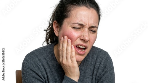 Woman suffering from toothache holding her cheek in pain