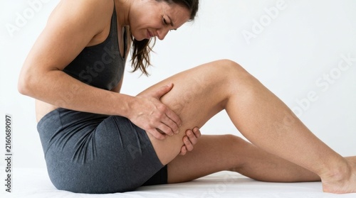 Woman in athletic wear holding her thigh in pain
