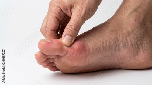 Person touching a swollen and red big toe joint due to gout