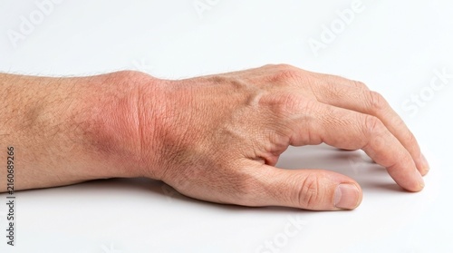 Swollen and red wrist joint area on a white background
