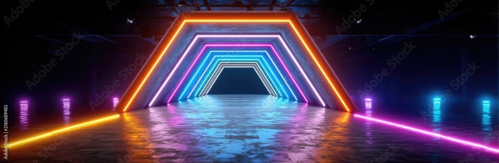 Fototapeta premium Neon rainbow tunnel on reflective floor