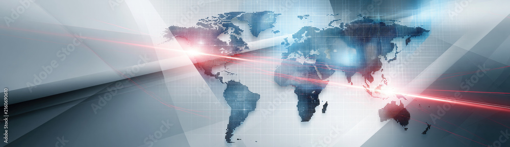 Obraz premium Global news background with glowing red light across digital world map and abstract architectural lines, creating modern broadcast atmosphere for international coverage and communication