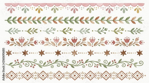 Watercolor Folk Art Decorative Border Set with Floral and Geometric Patterns for Invitations and Crafts