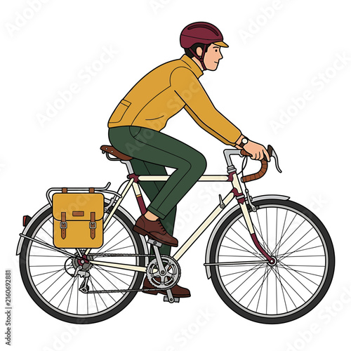 Bild auf Leinwand Vector illustration of a male cyclist riding a touring bicycle with a pannier ba