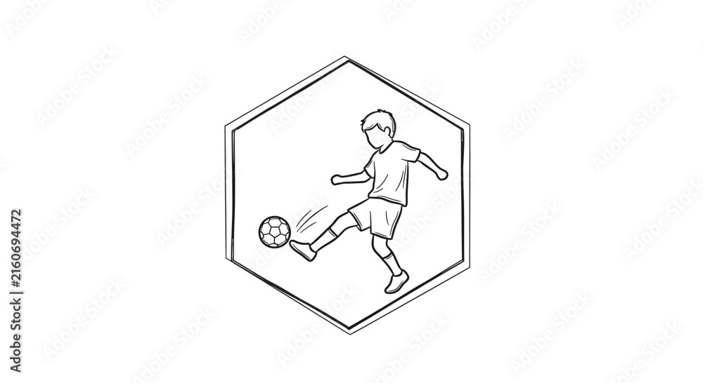 Fototapeta premium Child playing soccer, hexagon emblem, line art, sports icon