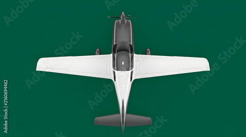 Top view of small private airplane on solid dark green background for aviation concept