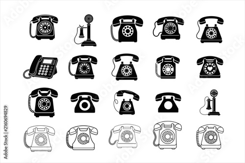 Vintage Rotary Telephone Icon Silhouette Set