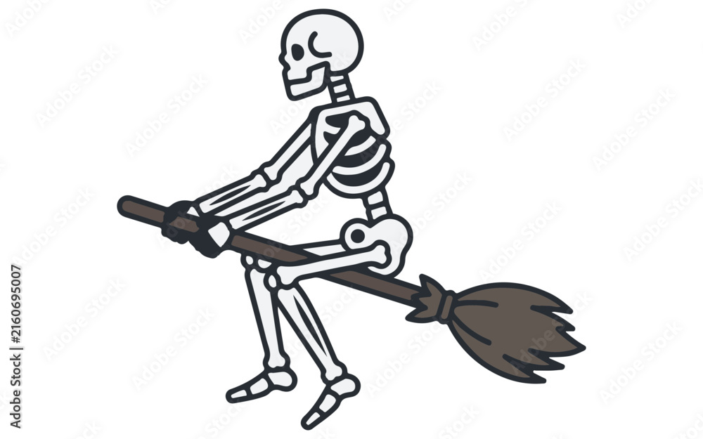 Obraz premium Halloween Halloween witch skeleton on broom icon. Flying magic character graphic. Cartoon spooky vector illustration. Spooky holiday symbol design. Witch on broomstick raster illustration.