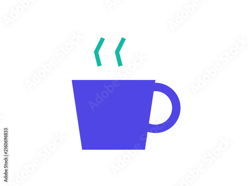 A minimalist flat icon of a purple coffee cup with stylized teal steam rising above it on white