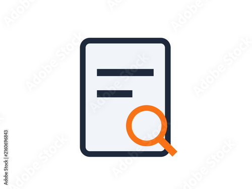 Minimalist digital icon featuring a document outline with an orange magnifying glass overlay, representing search, file inspection, or analysis.