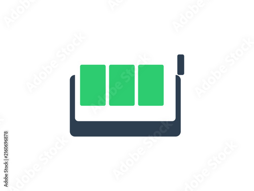 Minimalist digital battery charge indicator icon featuring three green bars inside a dark gray outline on white background