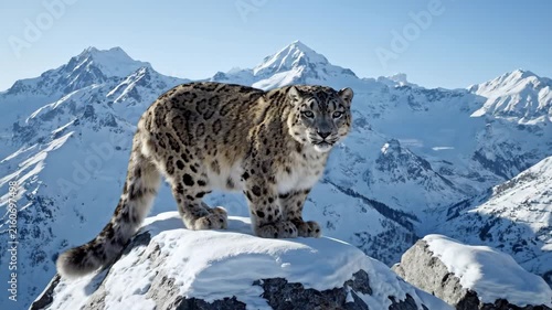 Snow leopard standing on rock in snowy mountain landscape