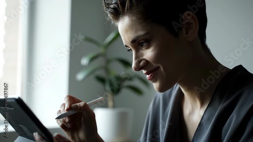 Thoughtful young woman paying online with a credit card indoors