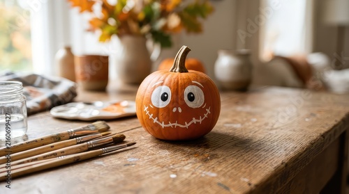 Hand painted Halloween pumpkin on table. Festive autumn craft project with art supplies.