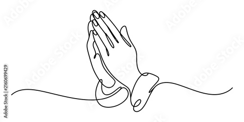 Continuous single line drawing of human hands pressed together in prayer