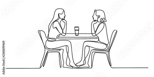 Two women sitting at a table talking in a continuous single line drawing style
