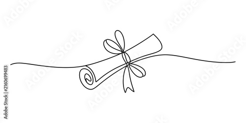 Continuous single line drawing of a rolled diploma scroll with a tied ribbon