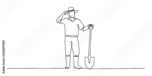 Continuous line drawing of a farmer holding a shovel and wearing a hat