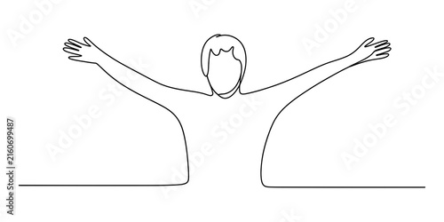 Continuous single line drawing of a happy person with arms raised up