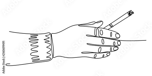 Continuous single line drawing of a human hand holding a lit cigarette