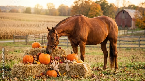 Horse with pumpkins on hay bales. Autumn farm scene with equine and harvest decor.