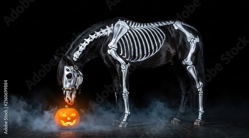 Black horse with skeleton body paint. Spooky Halloween equine with glowing jack-o-lantern.