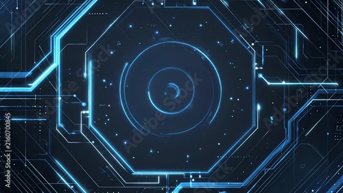 Abstract dark blue digital background with glowing circuit lines and data particles.