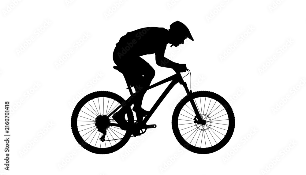 Fototapeta premium Downhill mountain biker profile silhouette vector featuring side view of a cyclist in racing stance riding an off road bicycle