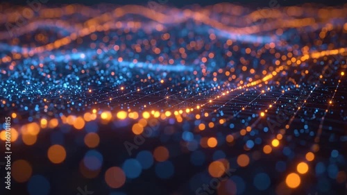 Abstract digital network of glowing blue and orange particles forming undulating waves on a dark background