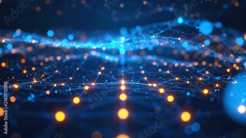 Abstract digital network with glowing blue and orange connections representing data flow