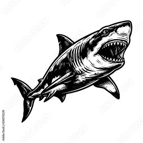 Fierce shark with open mouth and sharp teeth swimming in water aggressively