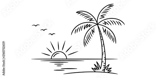 Black and white hand drawn sketch of a tropical palm tree at sunset