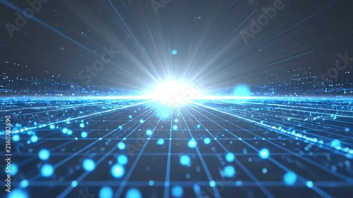 Futuristic digital data network background with glowing blue particles and light