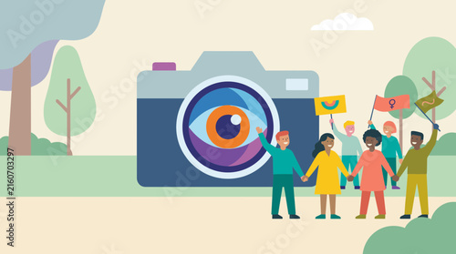 Diverse group holding hands and flags in front of a large camera with an eye graphic, flat design illustration