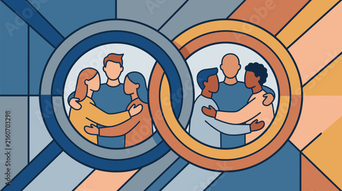 Diverse groups of people embracing within abstract linked circles, symbolizing connection and community