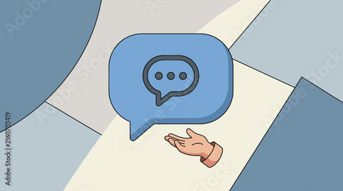 Stylized blue chat bubble icon with three dots and a hand offering support, flat design graphic element