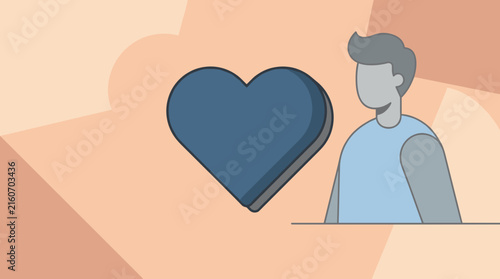 Stylized person with a large blue heart symbol, flat design illustration with pastel background