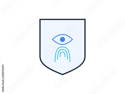 Minimalist shield icon featuring a centered human eye and signal wave lines