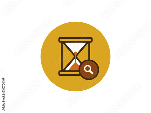 A minimalist flat icon featuring an hourglass with a magnifying glass overlay, symbolizing time management and historical research.