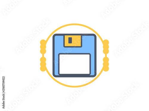 A minimalist flat icon illustration of a classic blue floppy disk centered inside a circular yellow frame design