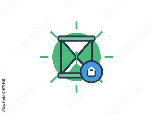 A flat icon featuring a stylized hourglass integrated with a security padlock symbol against a green circular background