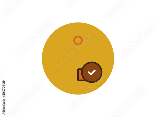 Minimalist yellow circular icon featuring a brown checkmark symbol over a small rectangle, representing task completion and status verification.