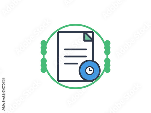 A minimalist flat icon featuring a document symbol overlaid with a clock element representing time sensitive project management