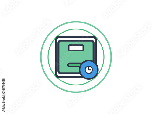 A flat style icon featuring a green square folder with a small blue clock overlay inside circles