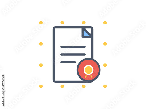 A minimalist flat icon of an official document featuring a red wax seal representing certification and verification